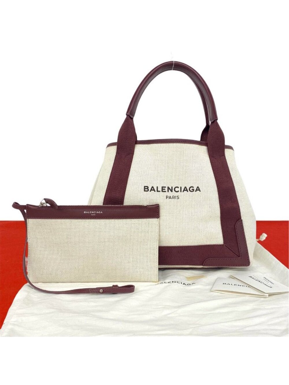 Balenciaga Navy Cabas Canvas Leather Handbag Mini Tote Wine Red Ivory